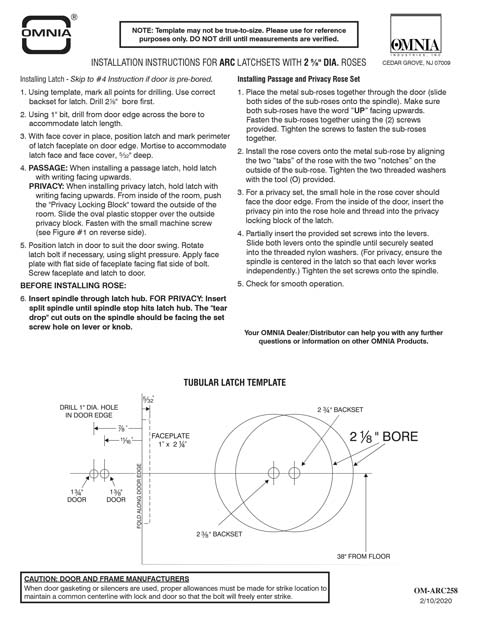 OMNIA ARC Latchsets with 2 5/8" Dia. Roses Installation Template