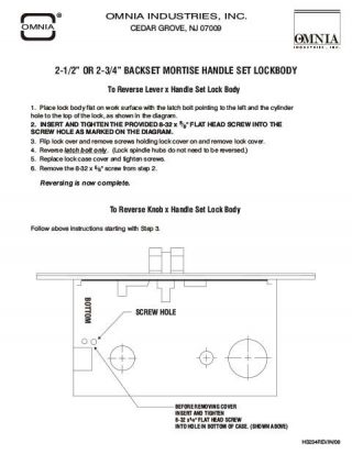 OMNIA 2-1/2" or 2-3/4" Backset Mortise Handleset Reversing Instructions