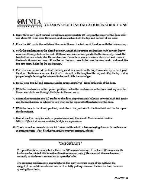 OMNIA Cremone Bolt Sets Installation Instructions